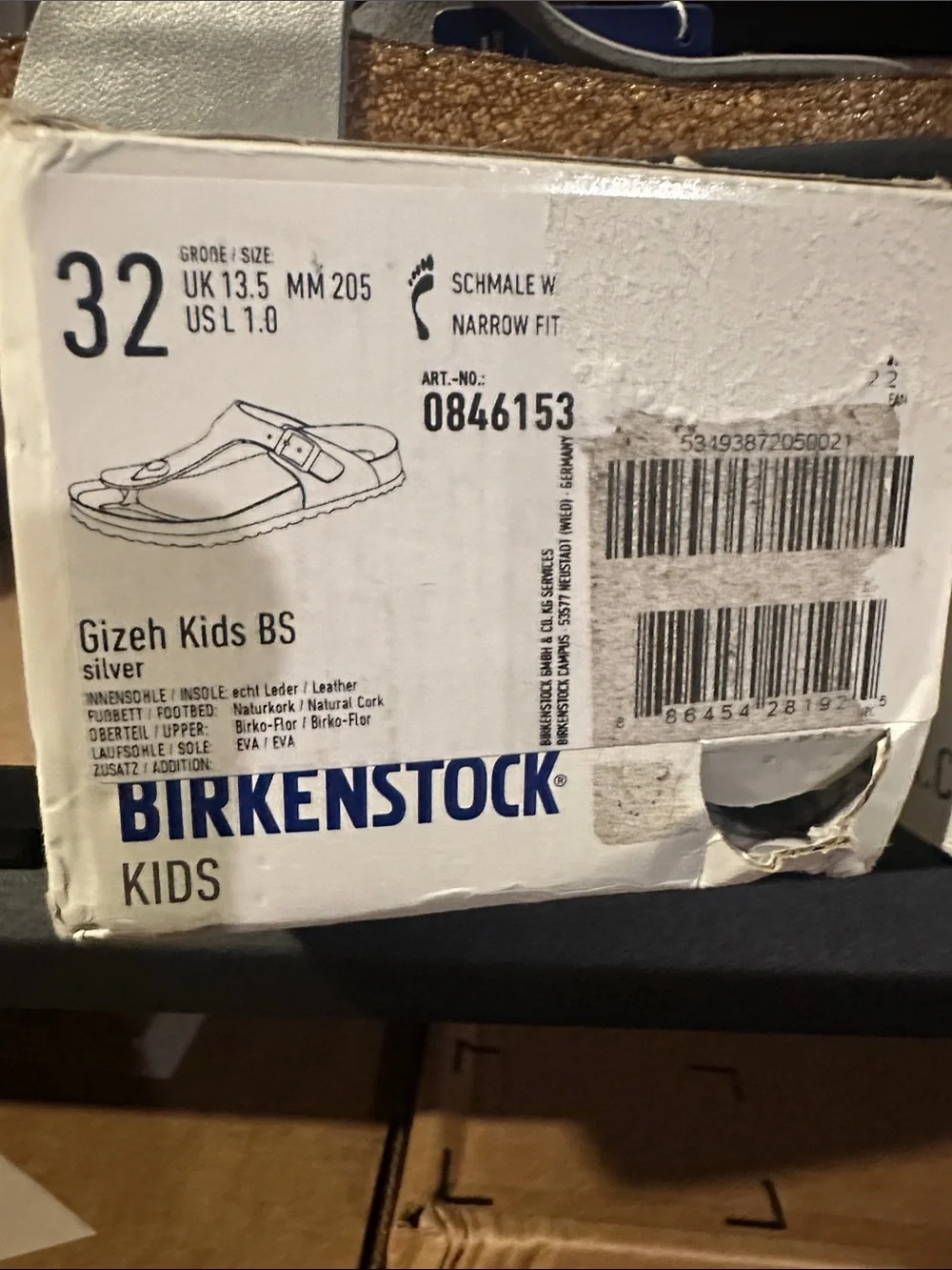 Birkenstock Gizeh Kids Metallic Silver Thong Sandals euro 32/US 1